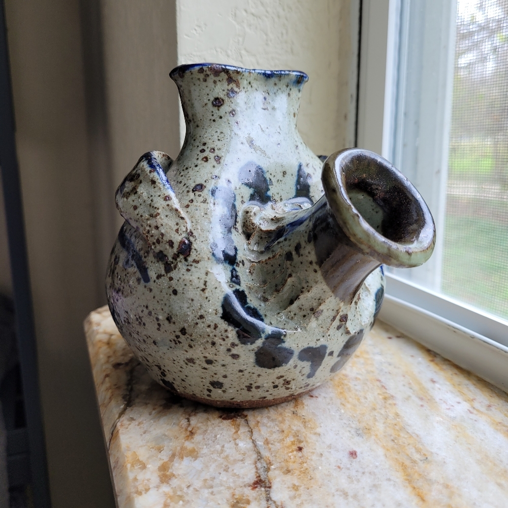 Speckled Gray Blue Jug with Wing Design